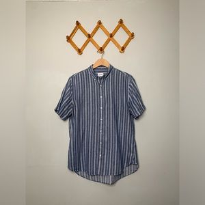 Men’s Blue Striped Cotton Linen Blend Short Sleeved Buttoned Down Shirt SZ M